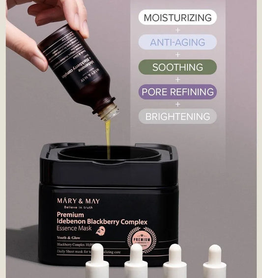 Mary May Premium Idebenon Blackberry Complex Essence Hialurono rūgšties ir gervuogių komplekso kaukės grozioplanas.lt