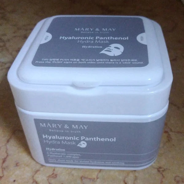 MARY&MAY HYALURONIC PANTHENOL HYDRA MASK 30PC LAKŠTINĖS VEIDO KAUKĖS grožioplanas.lt