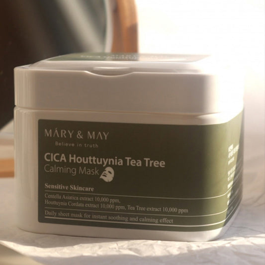 MARY&MAY CICA HOUTTUYNIA TEA TREE CALMING MASK 30PC LAKŠTINĖS VEIDO KAUKĖS grozioplanas.lt