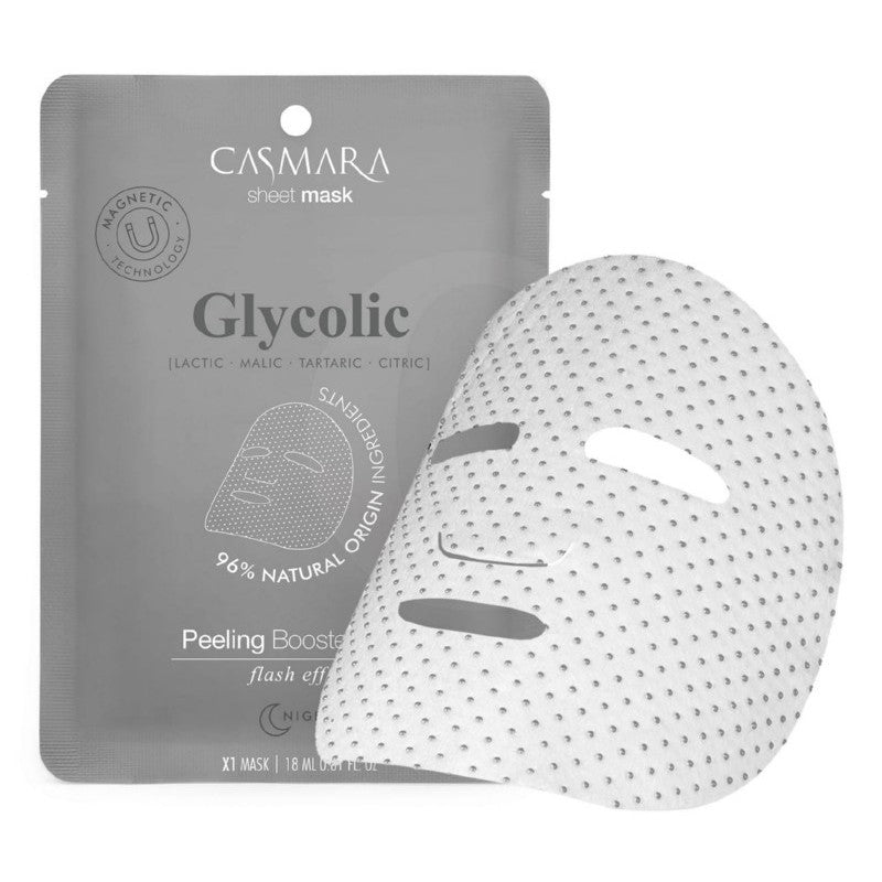 Valomoji veido kaukė Casmara Peeling Booster Sheet Mask Glycolic su AHA rūgštimis ir alavijų ekstraktu, magnetinė technologija grozioplanas.lt