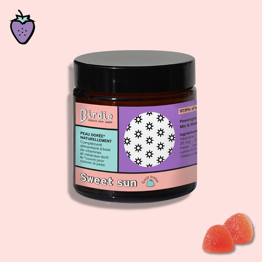 Braškių skonio guminukai skatinantys įdegio efektą „Birdie Nutrition“ SWEET SUN