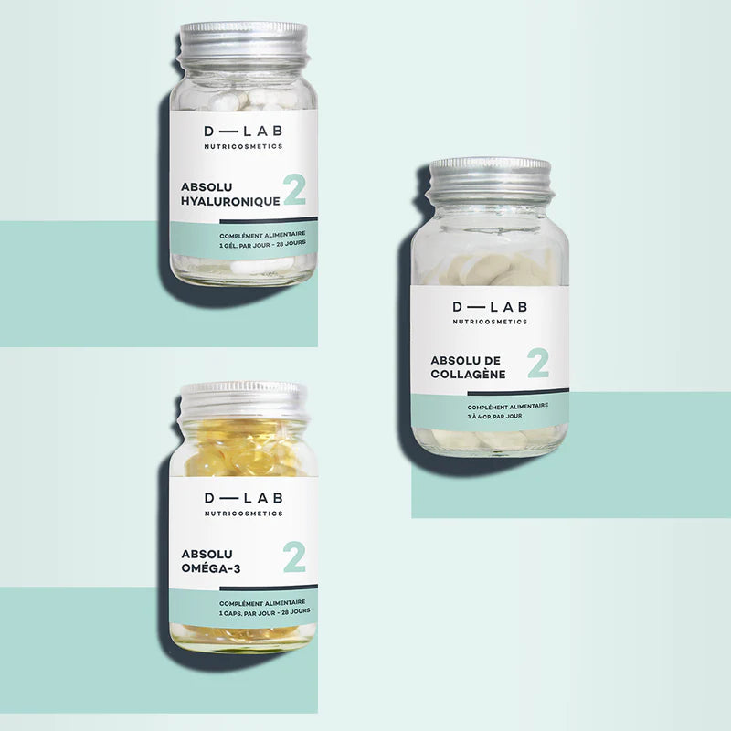 D-LAB Nutricosmetics Jeunesse-Absolue Maisto papildų kompleksas, subalansuotai mitybai ir stangriai odai Rinkinys