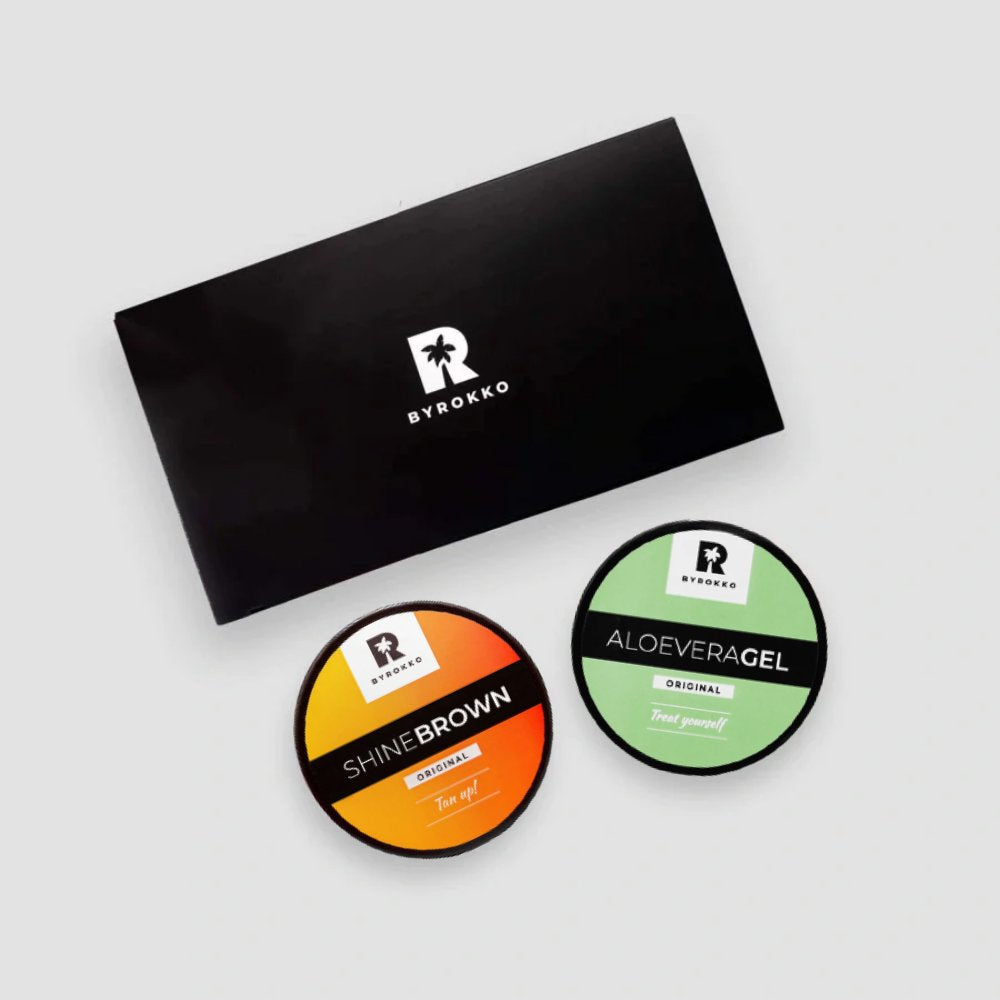 BYROKKO Shine Brown įdegio kremas ir Aloe Vera gelis po deginimosi saulėje ar soliariume rinkinys grozioplanas.lt