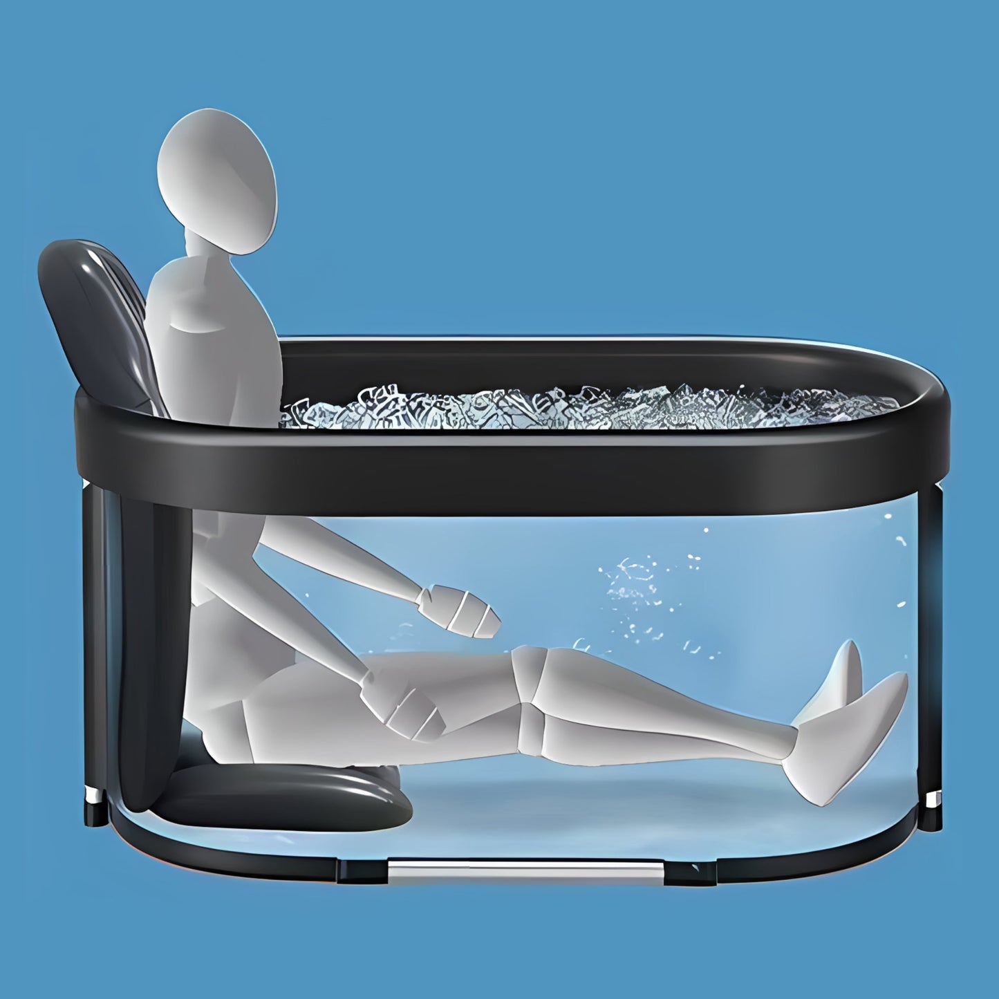 Ledo vonia terasai ar balkonui – pailga ovali šalto vandens vonia grūdinimosi rutinai.