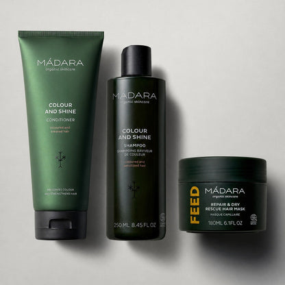 MÁDARA 3in1 plaukų priežiūros rinkinys dažytiems ir sausiems plaukams su šampūnu, kondicionieriumi ir kauke / MÁDARA 3in1 hair care set for colour-treated and dry hair with shampoo, conditioner and mask