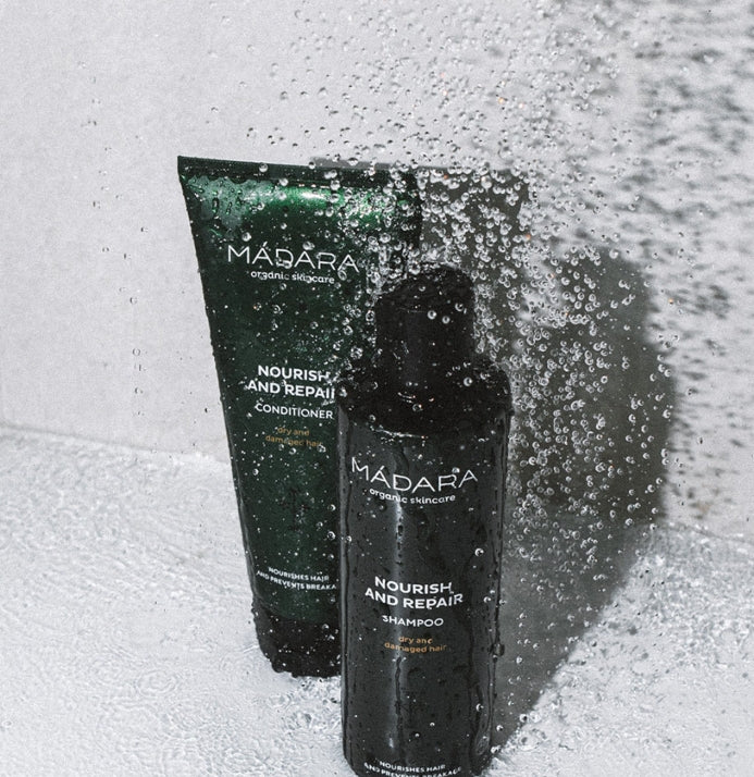 MÁDARA Nourish & Repair plaukų rinkinys su plaukų kauke švelnumui, glotnumui ir pažeistų plaukų priežiūrai / MÁDARA Nourish & Repair hair set with hair mask for softness, smoothness and damaged hair care