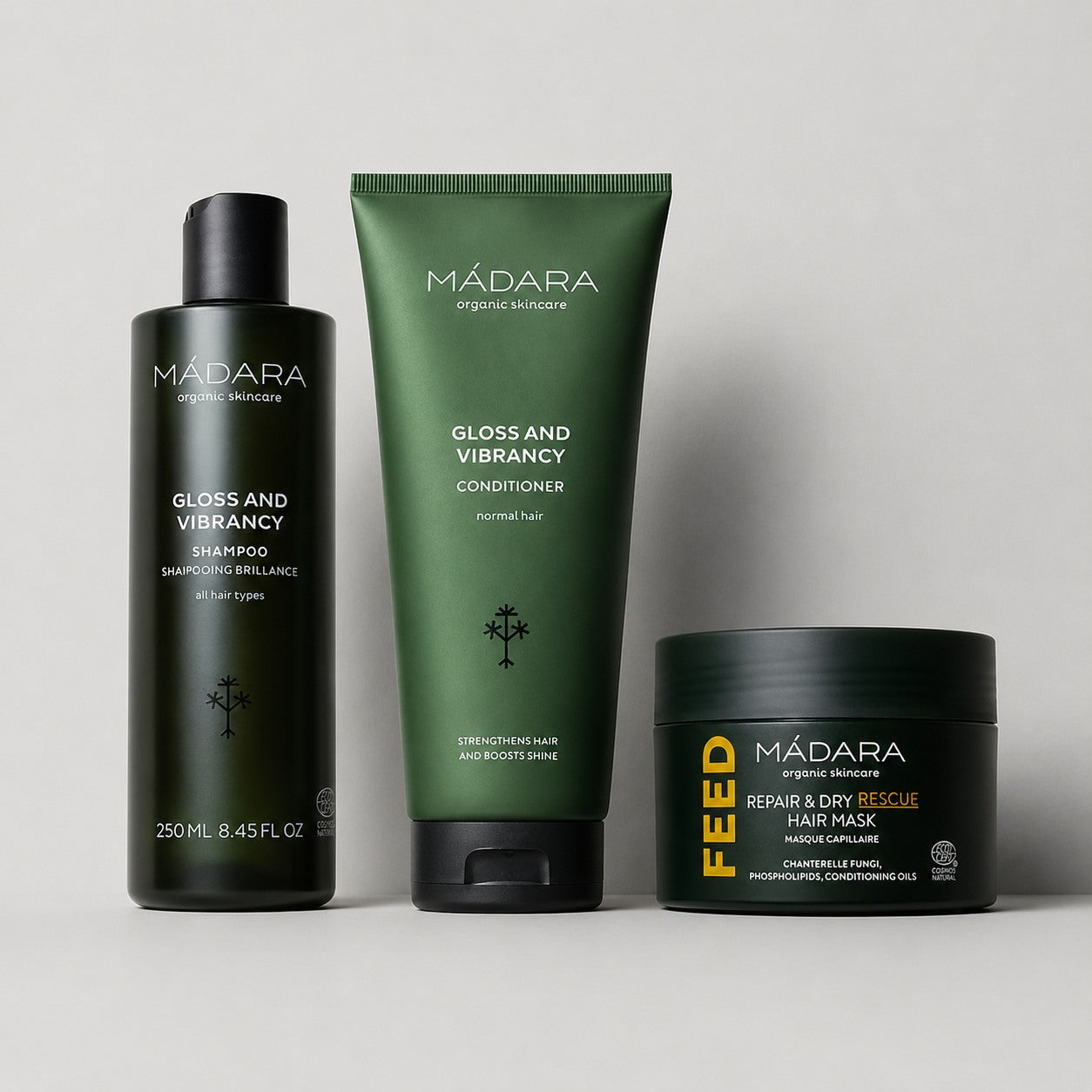 MÁDARA 3in1 plaukų priežiūros rinkinys su Gloss and Vibrancy šampūnu, kondicionieriumi ir Repair & Dry Rescue Hair Mask / MÁDARA 3in1 hair care set with Gloss and Vibrancy shampoo, conditioner and Repair & Dry Rescue Hair Mask