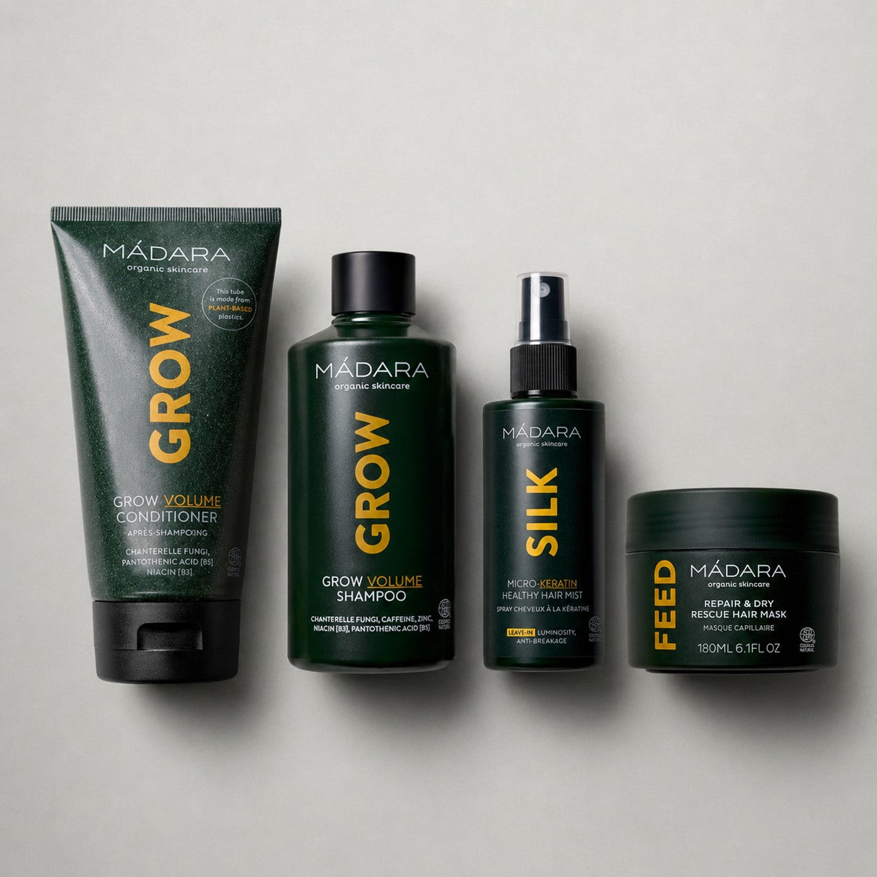 MÁDARA 4in1 plaukų augimo ir atstatymo rinkinys su Grow Volume šampūnu, kondicionieriumi, plaukų dulksna ir Repair Dry Rescue Hair Mask