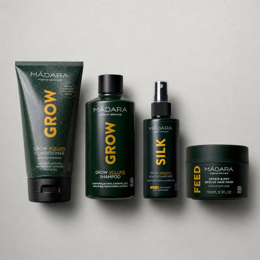 MÁDARA 4in1 plaukų augimo ir atstatymo rinkinys su Grow Volume šampūnu, kondicionieriumi, plaukų dulksna ir Repair Dry Rescue Hair Mask