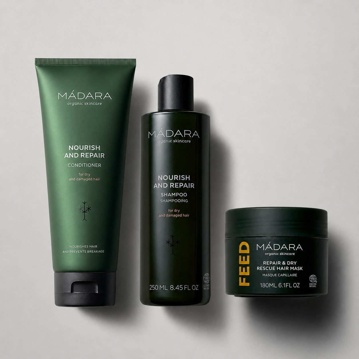 MÁDARA 3in1 plaukų priežiūros rinkinys sausiems ir pažeistiems plaukams su šampūnu, kondicionieriumi ir kauke / MÁDARA 3in1 hair care set for dry and damaged hair with shampoo, conditioner and mask