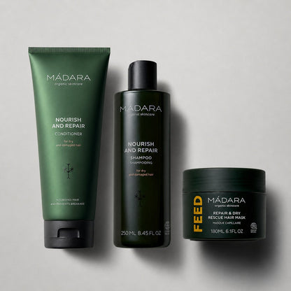 MÁDARA 3in1 plaukų priežiūros rinkinys sausiems ir pažeistiems plaukams su šampūnu, kondicionieriumi ir kauke / MÁDARA 3in1 hair care set for dry and damaged hair with shampoo, conditioner and mask
