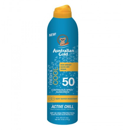 SPF50 Active vėsinanti purškiama apsaugos nuo saulės priemonė  Australian Gold grozioplanas.lt