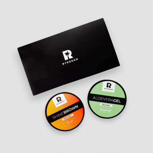 BYROKKO Shine Brown įdegio kremas ir Aloe Vera gelis po deginimosi saulėje ar soliariume rinkinys grozioplanas.lt