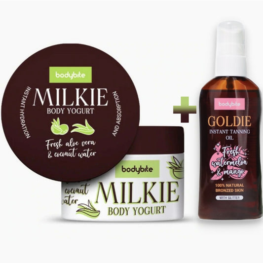 GOLDIE Kūno aliejus greitesniam įdegiui   Jogurtas kūnui MILKIE - Bodybite