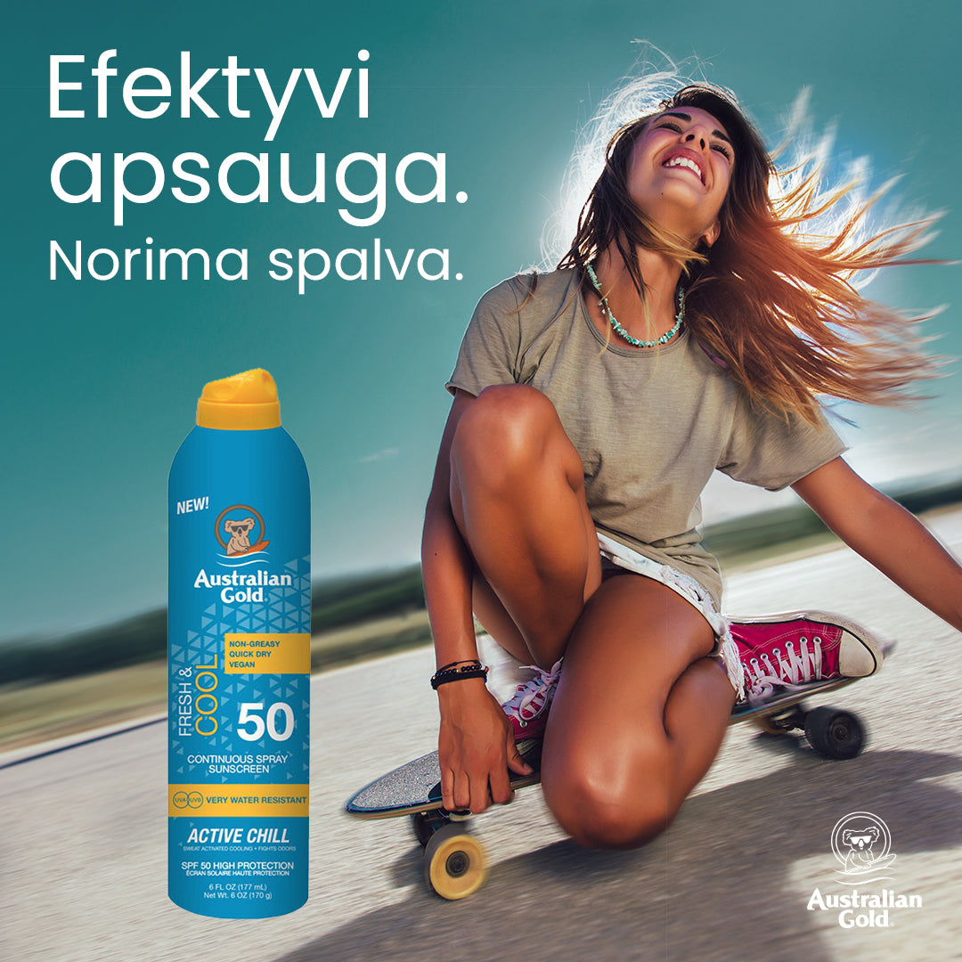 SPF50 Active vėsinanti purškiama apsaugos nuo saulės priemonė Australian Gold grozioplanas.lt